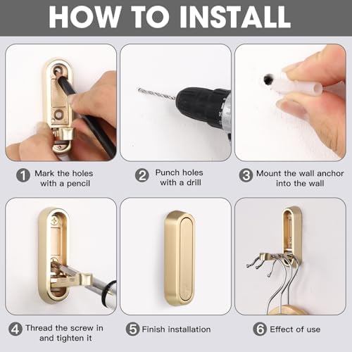 Folding Coat Hooks, Gold, 6 Pack, Wall Hook, Hanging Towels Clothes Bag - Image 5
