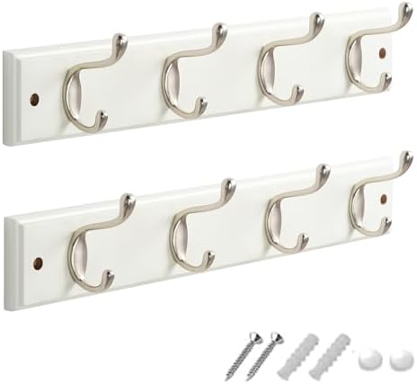 GlazieVault Coat Hooks Wall Mounted - MDF Board Nickel Hook Coat Rack(2 Pack) - Heavy Duty White -Coat Hooks for Wall Clothes Hooks and Wall Hooks by GlazieVault