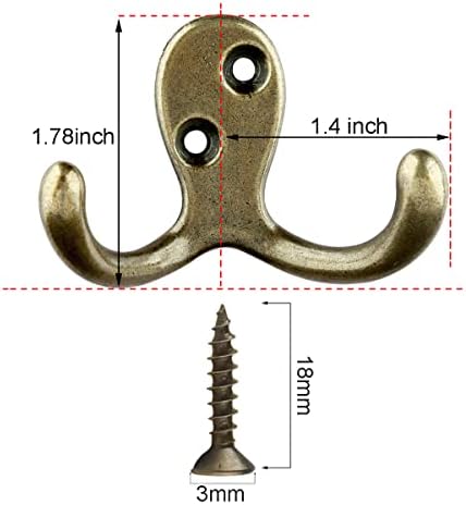 IBosins 16 Pack Antique Brass Double Prong Coat Hooks for Coat, Scarf, Bag - Image 2