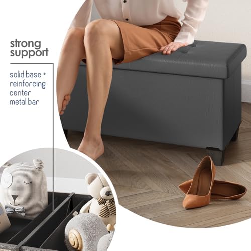 Storage Ottoman Bench with Bins, 43-in Storage Bench for Bedroom End of Bed, Folding Foot Rest Ottoman for Living Room Max 660lbs, Faux Leather Ottomans, Grey - Image 5