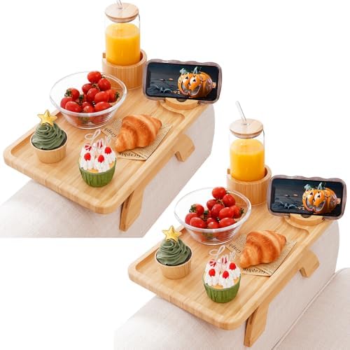 Nnewvante 2 Pack Couch Table on Arm,3 in 1 Large 15.36"x9.85" Bamboo Couch Cup Holder Sofa Armrest Clip on Tray with 360°Rotated Phone/Drink Holder by Nnewvante