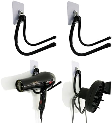 Universal Hair Dryer Holder, Blow Dryer Hanger Hook Wall Mount for Hair Dryer, Towels, Flat Iron,Hair Straightener &Cord Organizer for Cabinet Bathroom - Self Adhesive/Drilling - 2 Pack by Pmsanzay