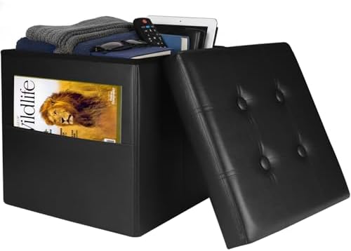 Bsketa Storage Ottoman Bench,15 Inch Folding Leather Foot Rest Stool, Black by Bsketa