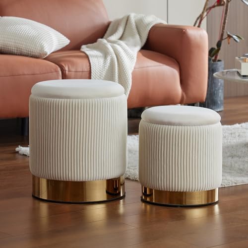 YYW HOME Round Ottoman with Storage Set of 2 White Vanity Stool Foot Rest - Image 4