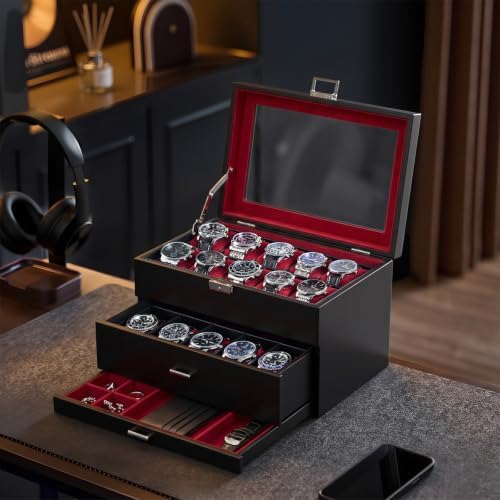 ProCase 3-Layer Watch Box with Glass Lid for Men, 20-Slot, Winered - Image 6