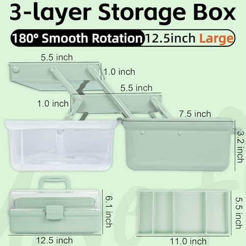 TERGOO 12.5in 3-Layer Multipurpose Craft Organizers and Storage with Adjustable Dividers, Portable Tackle Box, Folding Art & Craft Case for Medicine, Tool, Sewing Organizer (Haze Green) - Image 2