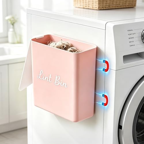Magnetic Lint Bin with Lid for Laundry Room, Compact Plastic Dryer Lint Holder, Small Laundry Trash Container for Dryer Lint & Used Dryer Sheets, Space Saving Storage Decor Organizer (Pink) by DIRZHX
