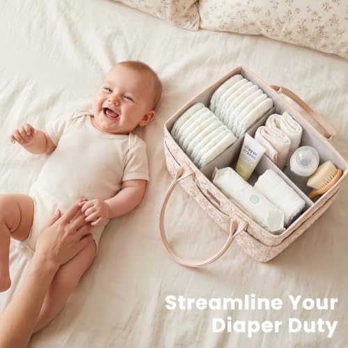 Konssy Baby Diaper Caddy Organizer, Floral Design with PU Leather Handles - Image 2