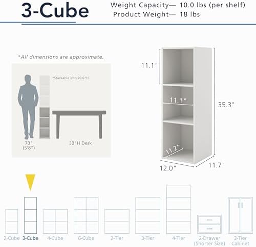 Homes: Inside + Out Apexa 3-Cube Storage Organizer Shelves, Stackable Wood Bookcase Fits Cubby Bins for Organization, Dorm Teen Room Decor & Home Office, Light Blue - Image 3