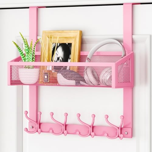 HapiRm Over The Door Hooks - Easy Installation Pink Door Hanger with Basket and 16 Hooks, 304 Stainless Steel Storage Organizer for Towels, Coats, Bathroom, Kitchen, Dorm-Pink by HapiRm