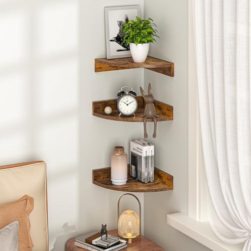 Fun Memories Corner Shelf Wall Mount, Wood Floating Corner Shelves, Corner Wall Shelf for Bedroom, Bathroom, Kitchen, Living Room (Brown, 3 Pack) - Image 2
