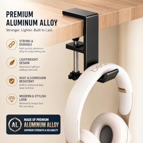 JAKO Headphone Stand - Aluminum Alloy Headphone Holder, Under Headset Stand for Desk Fit for PC Gaming Headset Hanger Hook Suitable for Office, Computer, Student Class Desk, Handmade Creator Table - Image 3