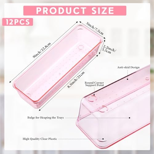 Maitys 12 Pcs Plastic Drawer Organizers, Silverware Tray, 9 x 3 x 2", Pink - Image 2