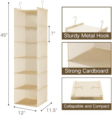 MAX Houser 2 Pack 6 Tier Foldable Hanging Closet Organizer, Beige - Image 3