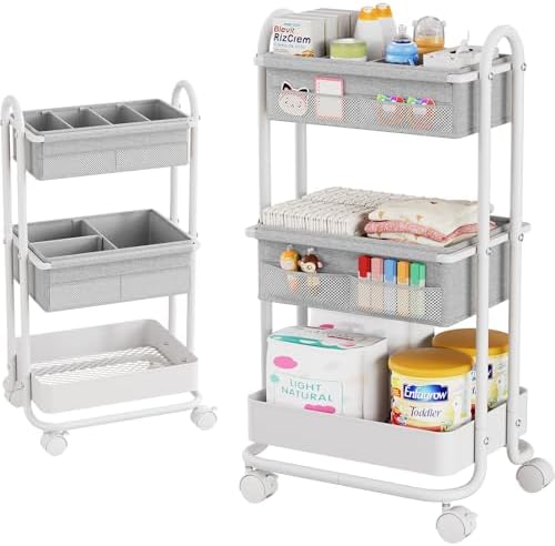 Modanais Baby Diaper Caddy Organizer Cart - 3 Tier Rolling Cart, Light Gray by HomeOrganizersandStorage