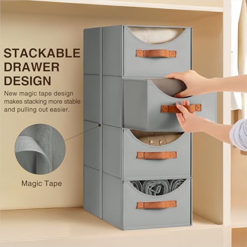 Homsorout Stackable Storage Drawers - Collapsible Storage Bins with Drawers, 6 Pack Closet Shelf Organizer Basket, Fabric Pull Out Organizer for Bedroom, Living Room, Dorm, Grey - Image 4