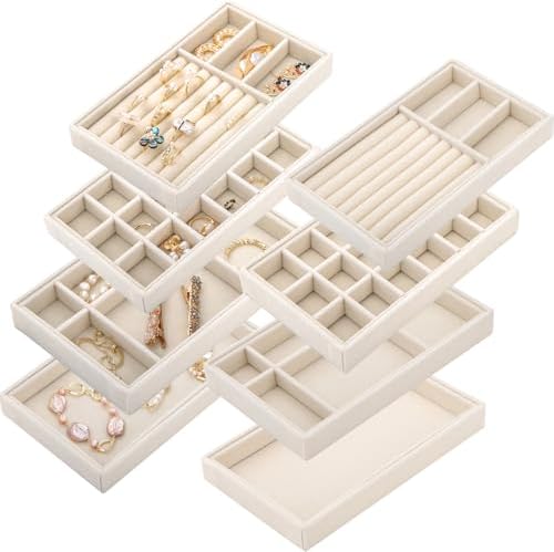 Elsjoy 8 Pack Velvet Jewelry Trays, Stackable Jewelry Organizer Trays for Drawers, Beige Jewelry Storage and Display Tray Inserts for Necklaces, Rings, Earrings by Elsjoy