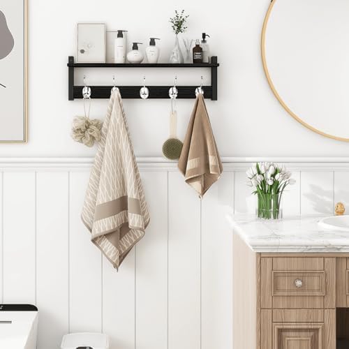Homode Coat Rack Wall Mount with Shelf, 24" Long Entryway Shelf with Hooks Underneath, Wooden Coat Hanger for Hanging Hats, Bathroom Towels, Clothes, Black - Image 3