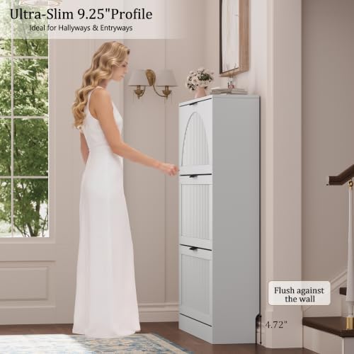 Fluted Shoe Storage Cabinet for Entryway, 3 Flip Drawers, White - Image 4