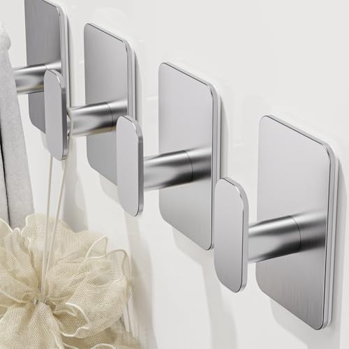 Large Heavy Duty Wall Hooks - 26lb Max, Stainless Steel Adhesive Towel Hooks for Hanging Towel, Coat, Robe, Hat, Sticky Towel Holder for Wall Mount in Bathroom, Shower, Kitchen(Silver, 4 Pack) - Image 4
