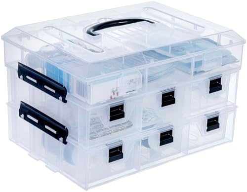 MyGift 11 Inch Clear Plastic Storage Box Container, Arts and Crafts Sewing Supplies Organizer Case with Black Accents, 24 Customizable Compartments, and 6 Drawers with Removable Dividers by MyGiftHome