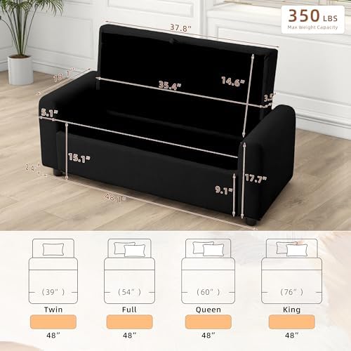 48" Ottoman with Storage, Tufted Storage Ottoman Bench, Convenient Living Room Fabrics Bench Seat, Entryway Shoe Benches with Inner Zipper & Arm, Rivetless Upholstered Window Seat Ottomans, Black - Image 2
