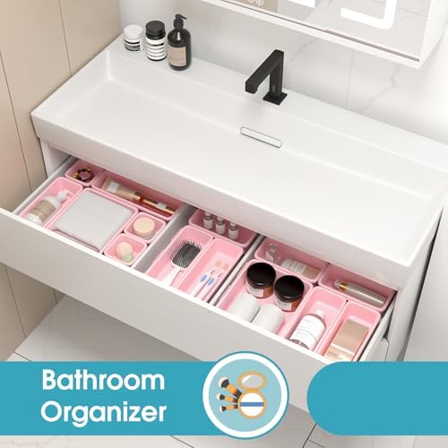 25 PCS Drawer Organizer Set, 4 Size Makeup Drawer Divider Organizer With Non-Slip Pads, Interlocking Plastic Storage Bins for Office,Jewelry Vanity,Gadgets, Bathroom,Kitchen, Pink - Image 7