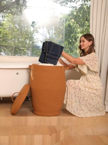 26"x20" Cottonphant Extra Large Tall Woven Laundry Basket with Lid, Cotton Rope Blanket Storage Basket, Freestanding Decorative Bin for Bedroom Living Room, Rust Brown - Image 3