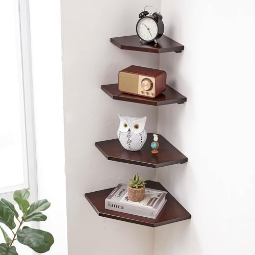 Corner Wall Shelves Set 2 Wire Hole Solid Oak Wood Display Shelf ,Walnut - Image 2