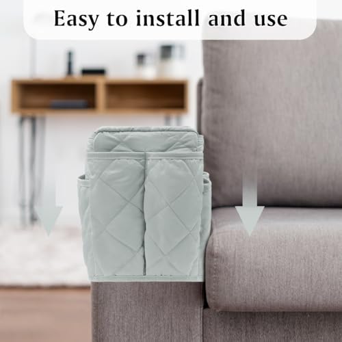 Remote Control Holder, Non Slip Bedside Armchair Caddy, Recliner Arm Caddy Armrest Organizer with 14 Pockets for Cell Phone TV Remote Control Magazines, Light Gray - Image 3