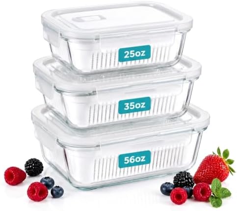 Glass Berry Container for Fridge, 3 Pack, 56oz 35oz 25oz, with Removable Colander and Vent Valve, Fresh Produce Storage Set(White) by Unknown