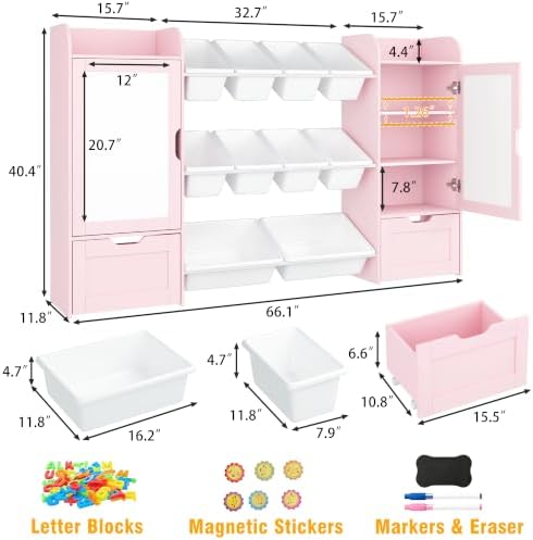 66" W Kids Bookshelf with Storage, 5-in-1 Toy Storage Organizer, Wooden - Image 2