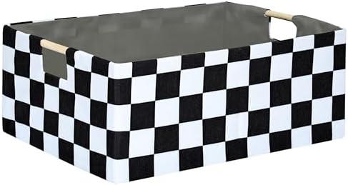 Black White Checkered Storage Basket with Wooden Handles, 16.5 x 12.2 x 6.7 Inch Fabric Organizer Bin for Shelves, Closet, Bedroom and Living Room, 1 Pack by FUULOXE