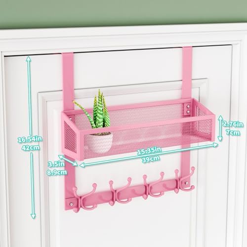 HapiRm Over The Door Hooks - Easy Installation Pink Door Hanger with Basket and 16 Hooks, 304 Stainless Steel Storage Organizer for Towels, Coats, Bathroom, Kitchen, Dorm-Pink - Image 6