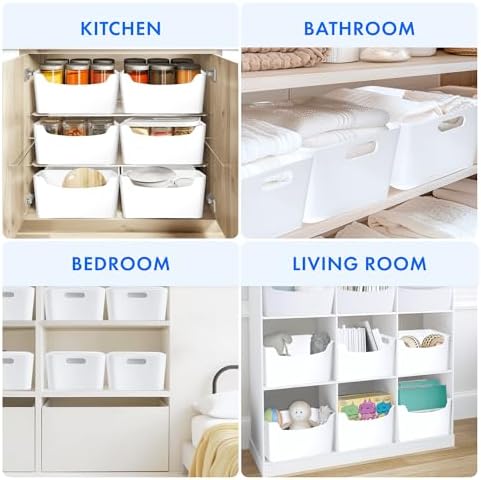 FINESSY White Plastic Storage Bins for Pantry with Handle 2 Pack White Bins - Image 3