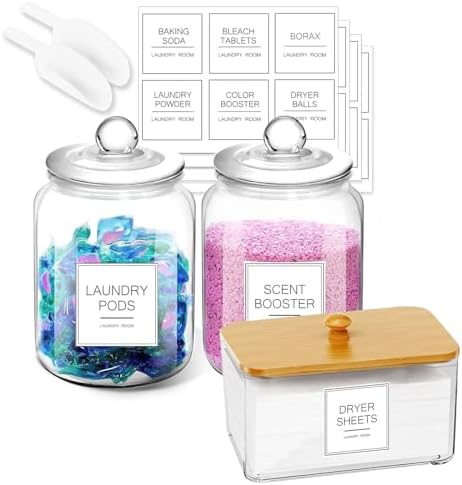 FyndraX Laundry Glass Jars with Dryer Sheets Holder, Containers with Scoop and Labels for Laundry Room Organization and Storage Detergents Pods or Powder, Scent Booster Beads, Set of 3 by FyndraX