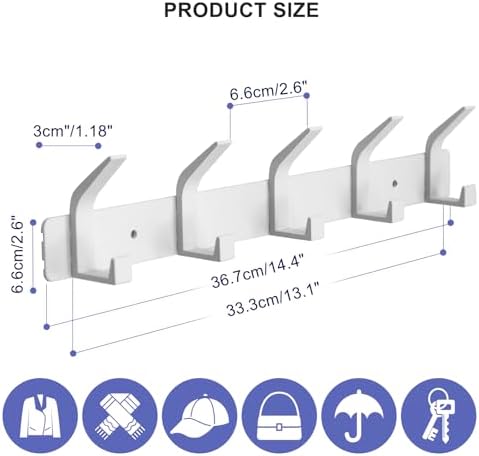 Coat Rack Wall Mounted,5 Coat Hooks for Hanging Coats,Heavy Duty Metal Double Hook Rack Hook Rail,Coat Rack with Hooks,Wall Mount Coat Hanger for Hat Towel Purse Robes,2Pack (White, 5 Hooks) - Image 2