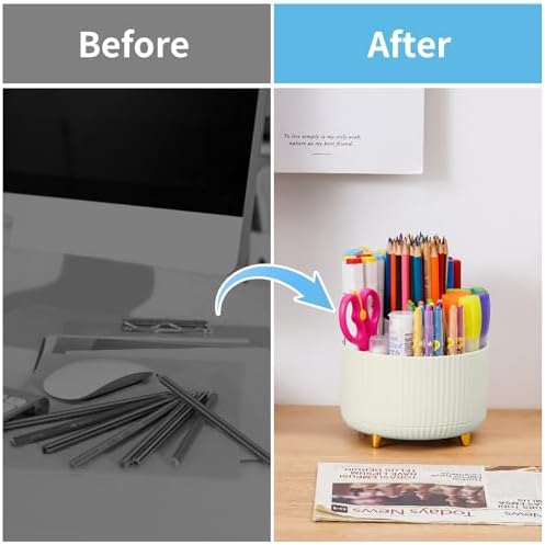 Marbrasse Desk Organizer, 360-Degree Rotating Pen Holder, 5-Compartment Pencil Organizer, Art Supply Storage Box Caddy for Office and Home (Ivory) - Image 7
