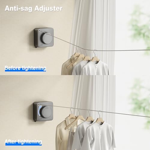 MUSTORN Retractable Clothesline Indoor, Non-Sagging Outdoor Clothes Line Retracting Heavy Duty Clothes Drying Laundry Line Wall Mounted Stainless Steel Line-13.8 Feets(Square-Gray) - Image 3