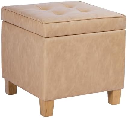 HomePop 18" Square Tufted Storage Ottoman - Sand Faux Leather by HomePop