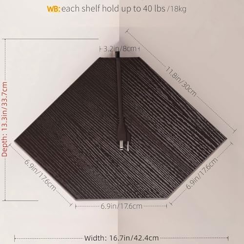 JJL Corner Shelves, 12 Inch Corner Shelf Wall Mounted with Wire Hole, 4 Tier 13.3 Inch Deep Wooden Corner Hanging Shelving for Wall Storage, for Speaker, Cable Box, Black - Image 3