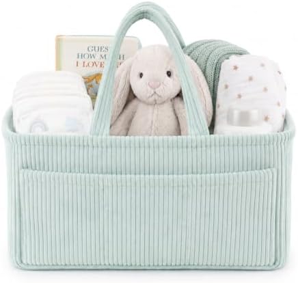Diaper Caddy Organizer, Premium Mint Corduroy Nursery Storage Basket with Removable Dividers & Handles, Portable Organizer for Diapers, Essentials, Baby Registry & Shower Gift by ItsyBitsyTot