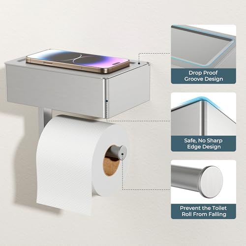 FORIOUS Toilet Paper Holder with Shelf, Wall-Mounted Modern Wipes Dispenser - Image 4