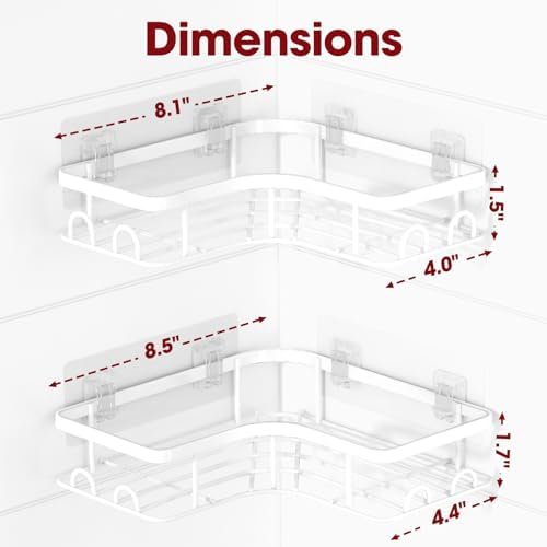 Sakugi Corner Shower Caddy - 2 Pack, Adhesive Shower Organizers, Rustproof Stainless Steel Shower Shelves with 8 Hooks, No Drilling Bathroom Organizers and Storage Racks, Space-Saving, White, Medium - Image 2