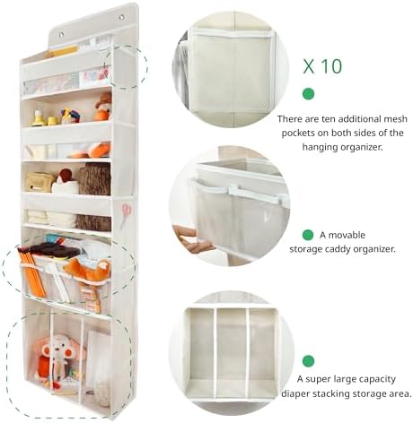 Door Hanging Storage Organizer,with 3 Bins 1 Movable Baby Diaper Caddy,1 Large capacity diaper stacking storage Organizer,10 Side Pockets ,Bedroom Door Storage for Nursery Baby Essentials. (Beige) - Image 4