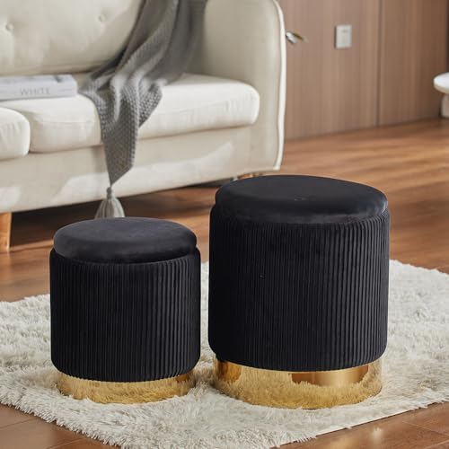 Round Ottoman with Storage Set of 2 Black Vanity Stool Foot Rest - Image 6