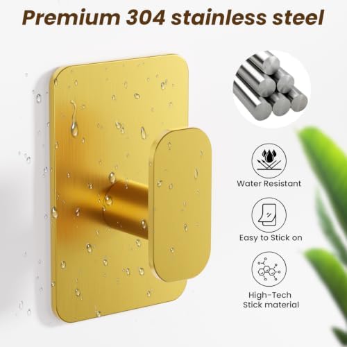 6 Pack Large Heavy Duty Wall Hooks - 26lb Max, Stainless Steel Adhesive Towel Hooks for Hanging Towel, Coat, Robe, Hat, Sticky Towel Holder for Wall Mount in Bathroom, Shower, Kitchen - Gold - Image 6