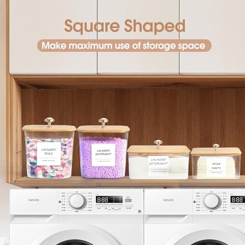 4 Pack Laundry Room Organization Storage Containers, Plastic Clear Laundry Pods Container & Dryer Sheet Holder Jars with Lids, Scoops & Labels for Detergent, Powder, Dryer Balls, Beads - Image 3