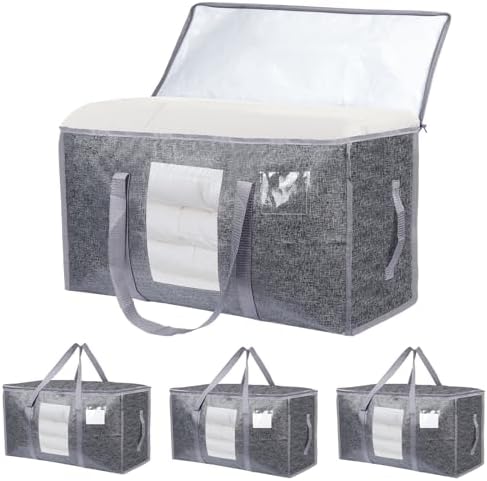 4 Pack Extra Large Moving Bags Heavy Duty 180GSM,130LBS 100L Totes with Visible Window, Zippers & Wrap-Around Handles, Waterproof Reusable, Alt to Moving Boxes, Gray by Unknown