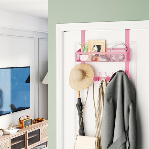 HapiRm Over The Door Hooks - Easy Installation Pink Door Hanger with Basket and 16 Hooks, 304 Stainless Steel Storage Organizer for Towels, Coats, Bathroom, Kitchen, Dorm-Pink - Image 7